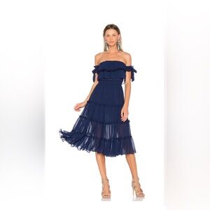 Misa Los Angeles Off-Shoulder Navy Tiered Midi